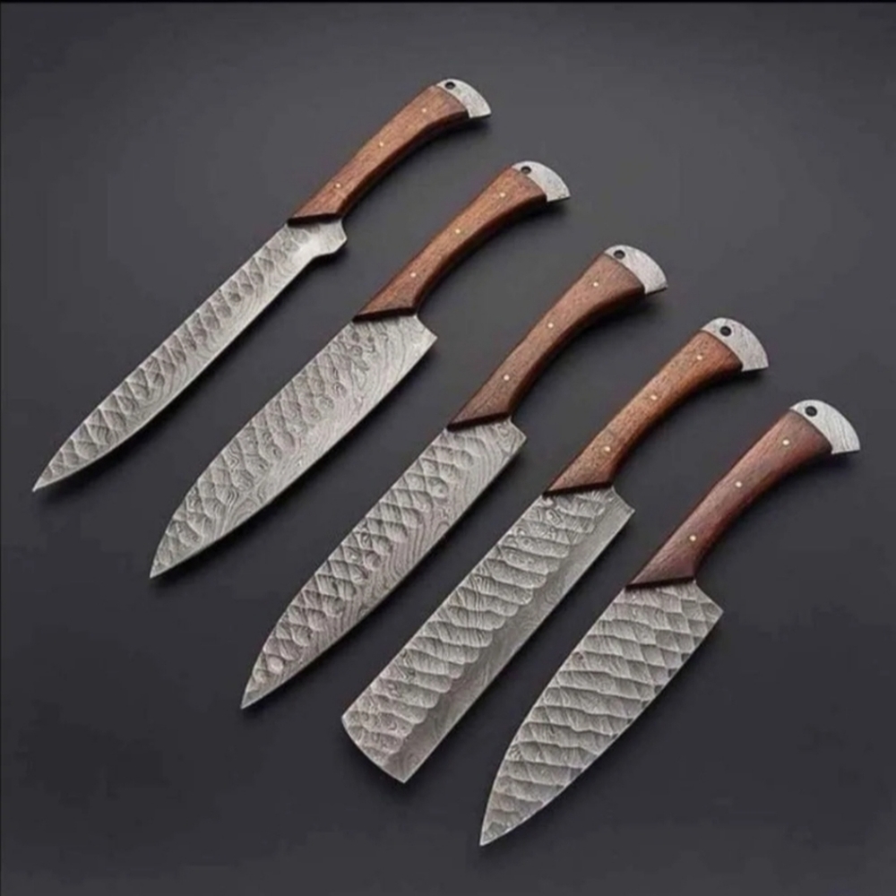 Hand Forged Damascus Chef's Knife 5 Pieces with Leather Roll Bag